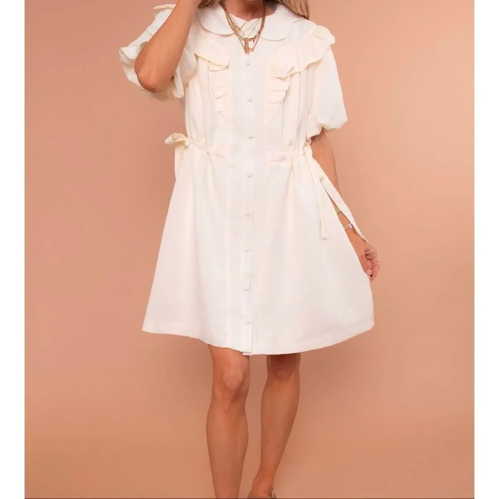 Listicle Women’s Cream Stripe Ruffle Puff Sleeve Dress Sz Lg NEW
